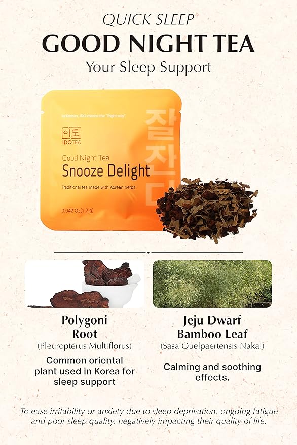 IDO TEA Snooze Delight Good Night Tea | Organic Herbal Bedtime & Calming Caffeine Free Tea with Jeju Dwarf Bamboo & Red Polygoni Root (30 Tea Bags)