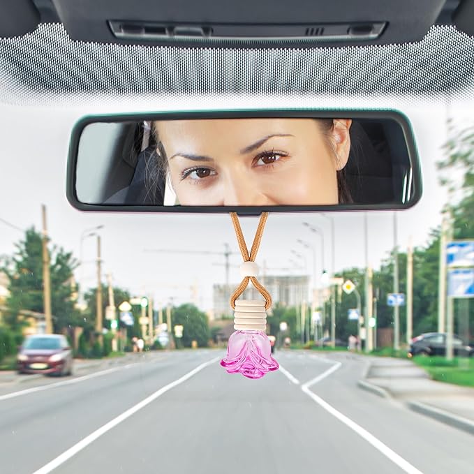 6Pcs Flower Shape Air Freshener Car Hanging, Car Aromatherapy Essential Oil Diffuser Bottle, Refillable Perfume Bottles Pendant Auto Interior Decor for Essential Bottle Ornament (Pink)