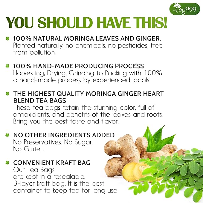 TOG999, Permium Moringa Ginger Herbal Tea β 60 Tea Bags β Caffeine-Free, Smooth & Warming Blend β Pure Ingredients, Sustainably Sourced. No Sugar. No Gluten. Vegan.