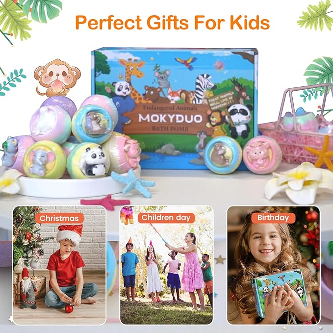 Bath Bombs for Kids with Surprise Inside,12-Pack Natural Organic Kids Bath Bombs with Endangered Animals Toys, Fun & Educational Gift, Ideal Birthday,Christmas,Children's Day Gifts kit