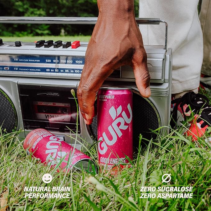 GURU Fruit Punch Organic Energy Drinks, Clean Energy Drink with Plant Based Natural Caffeine from Green Tea + Focus with L Theanine, Gluten Free and Vegan, 140MG Caffeine, 12oz (Pack of 12)