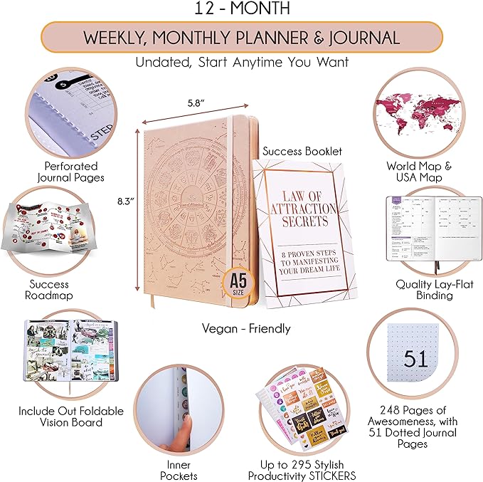 Life Planner - Undated Weekly & Monthly Planner, 12-Month Journey to Increase Productivity | Gratitude Journal, Life Organizer & Goal Journal | Include Foldable Vision Board, Habit Tracker & Stickers