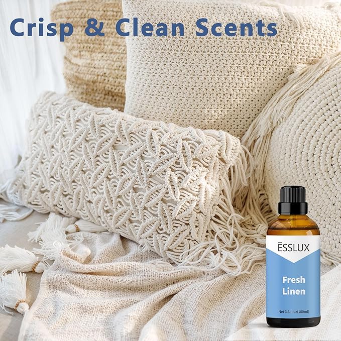 Fresh Linen Fragrance Oil, ESSLUX Large Single Scented Oils 100 ml (3.3 oz), Clean Aromatherapy Essential Oils for Home for Diffuser, Massage, Soap, Candle Making Scents