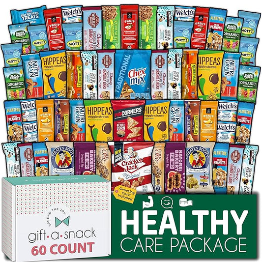 Gift A Snack - Haloween Trick or Treats Healthy Snack Box Care Package + Greeting Card (60 Count) Birthday Treats Gift Basket, Nutritious Granola Breakfast Bars, Office Food Assortments