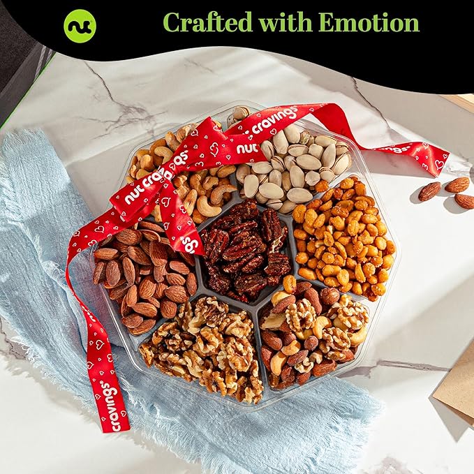 NUT CRAVINGS - Diwali Sweets Hamper Mixed Nuts Gift Basket + Heart Ribbon (7 Assortments) Food Arrangement, Healthy Snack Care Package, Food Assortments