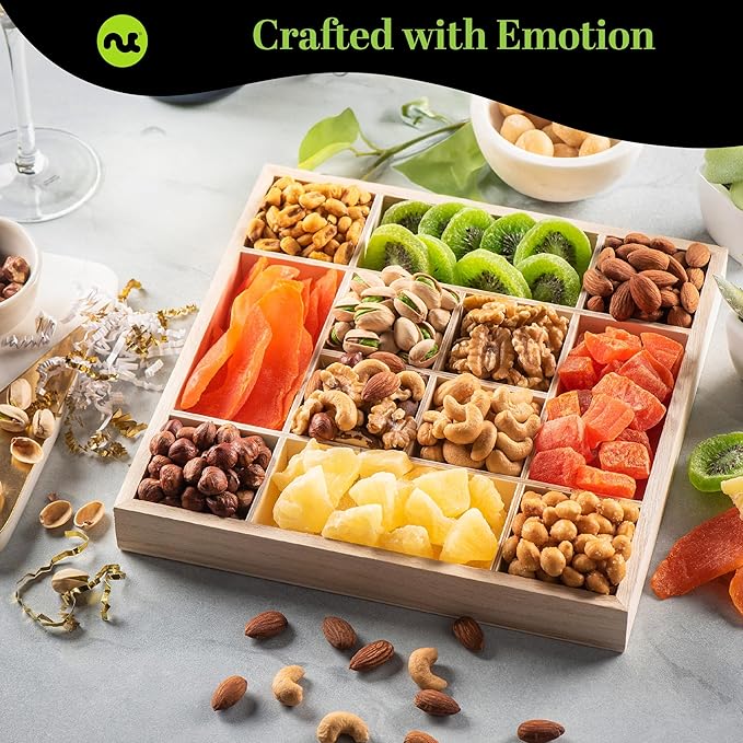 NUT CRAVINGS - Diwali Sweets Hamper Dried Fruit & Mixed Nuts Gift Basket in Reusable Wooden Tray + Ribbon (12 Assortments) Food Arrangement, Healthy Snack Care Package,