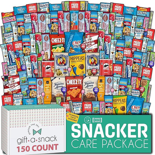 Gift A Snack - Haloween Trick or Treats Snack Box Variety Pack Care Package + Greeting Card (150 Count) Birthday Sweet Treats Gift Basket, Candies Chips Crackers Bars, Office Food Assortments