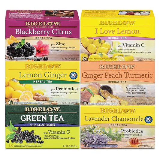 Bigelow Tea Immunity Herbal Tea Variety Pack, Caffeinated Green Tea and Caffeine Free Tea Bags for Immune Support (Pack of 6), 110 Total Tea Bags