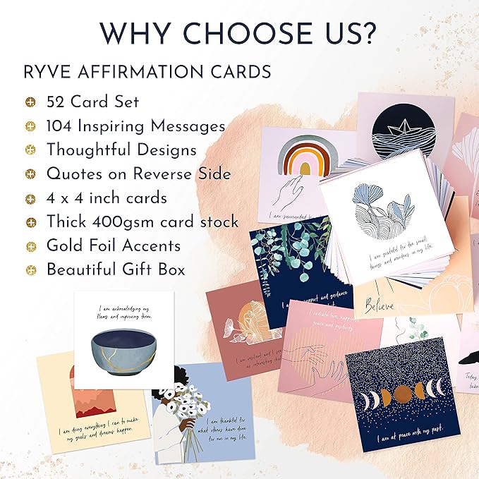 RYVE 52 Positive Affirmation Cards for Women – Mindfulness Prompts with Inspirational Quotes for Daily Motivation & Meditation – Inspirational and Daily Affirmations Cards, Inspirational Gifts