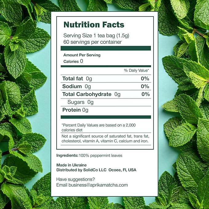 100% Pure Peppermint Tea - Only Mint Leaves without Stems, Peppermint Tea Bags, Caffeine-Free Tea Bags, 60 count, by Aprika Life