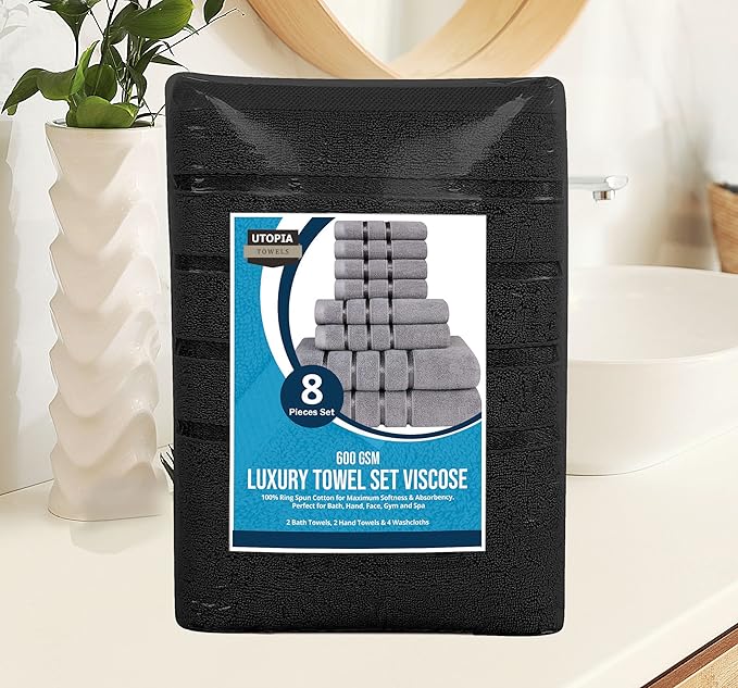 Utopia Towels 8 Piece Luxury Towel Set, 2 Bath, 2 Hand, and 4 Wash Cloths, 600 GSM Ring Spun Cotton, Highly Absorbent Viscose Stripe Towels, Ideal for Everyday use, Black