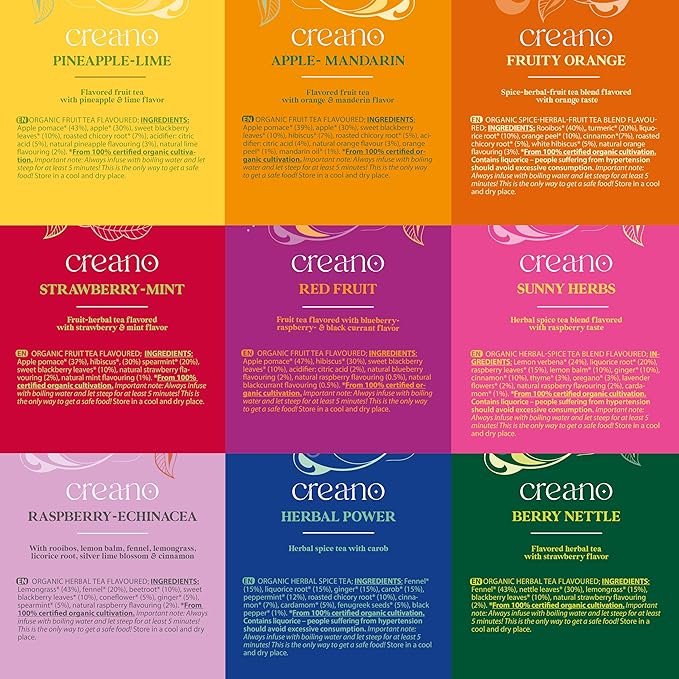 Creano Organic Fruit Tea - Herbal Tea Gift Set – 27 Organic Tea Bags in 9 Dreamy Varieties – 54 g