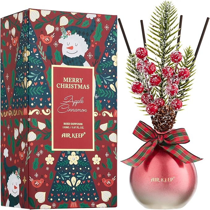 Airkeep Reed Diffuser Set, 5.07 oz(150ml) Apple Cinnamon Christmas Scented Diffuser with 8 Oil Diffuser Sticks, Home Fragrance Essential Oil Reed Diffuser for Home Room Bathroom Shelf Decor