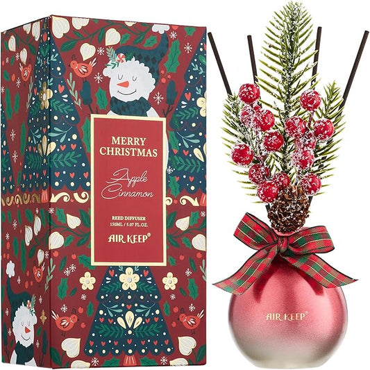 Airkeep Reed Diffuser Set, 5.07 oz(150ml) Apple Cinnamon Christmas Scented Diffuser with 8 Oil Diffuser Sticks, Home Fragrance Essential Oil Reed Diffuser for Home Room Bathroom Shelf Decor