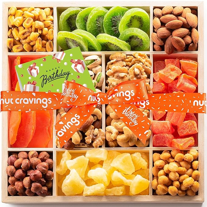 NUT CRAVINGS Gourmet Collection - Happy Birthday Treats, Dried Fruit & Mixed Nuts Gift Basket with Bday Ribbon in Reusable Wooden Tray (12 Assortments) Food Arrangement, Healthy Snack Food Assortments