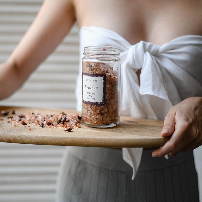 Olivia Care Pink Himalayan Bath Salts with Apricot Fig - Relieves & Relax Muscles. Exfoliate, Heal, Rejuvenate, Cleansing & Soothes Skin | Made with Natural Ingredients. Fresh Fragrance - 12 OZ