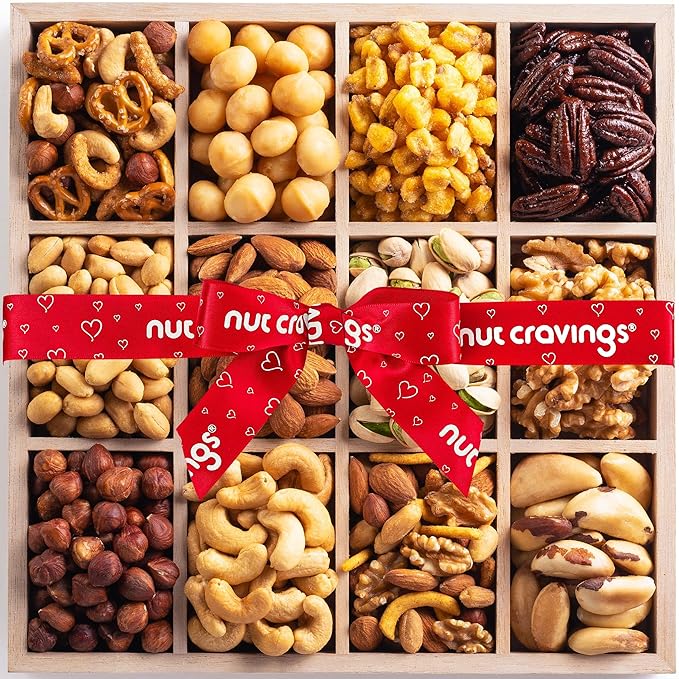 NUT CRAVINGS - Diwali Sweets Hamper Mixed Nuts Gift Basket in Reusable Wooden Tray + Heart Ribbon (12 Assortments) Food Arrangement, Healthy Snack Care Package, Food Assortments