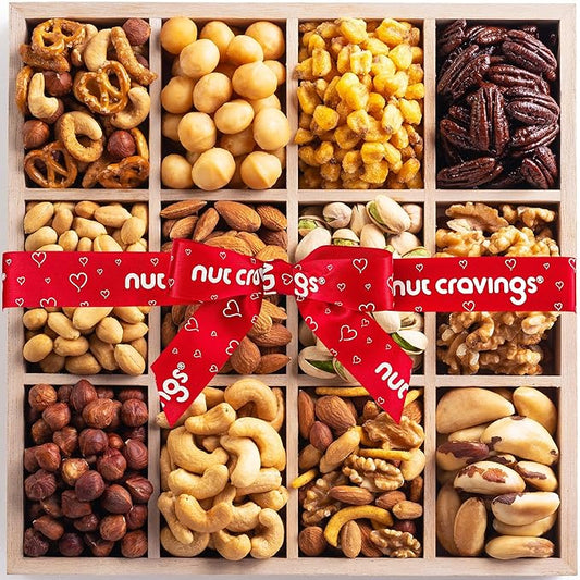 NUT CRAVINGS - Diwali Sweets Hamper Mixed Nuts Gift Basket in Reusable Wooden Tray + Heart Ribbon (12 Assortments) Food Arrangement, Healthy Snack Care Package, Food Assortments