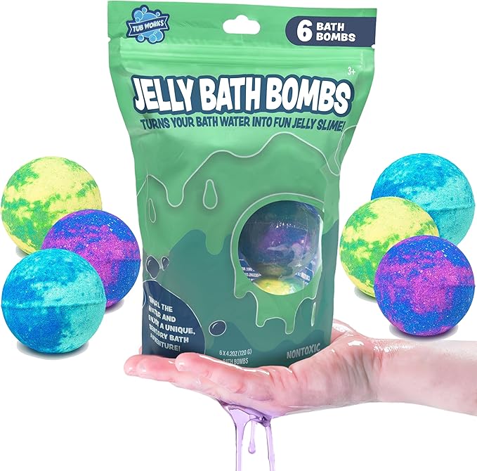 Tub Works® Jelly Bath Slime Bombs, 6 Pack | Bath Bombs for Kids That Turn Bath Water Into Colorful Jelly Slime | Nontoxic | Unique Kids Bath Bombs with Surprise Slime Texture | Sensory Fun Bath Toys