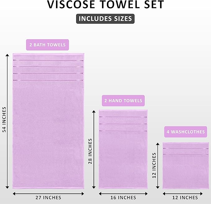 Utopia Towels 8 Piece Luxury Towel Set, 2 Bath, 2 Hand, and 4 Wash Cloths, 600 GSM Ring Spun Cotton, Highly Absorbent Viscose Stripe Towels, Ideal for Everyday use, Lavender