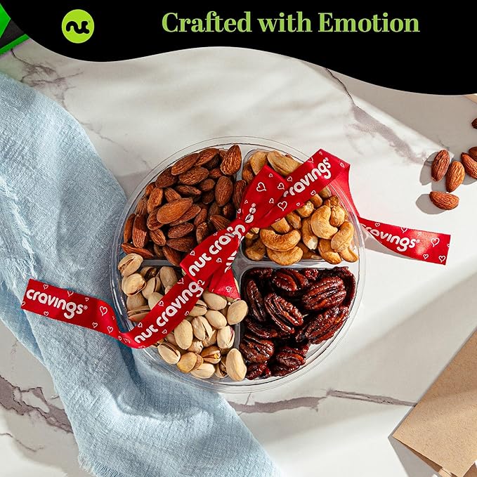 NUT CRAVINGS - Diwali Sweets Hamper Mixed Nuts Gift Basket + Heart Ribbon (4 Assortments) Food Arrangement, Healthy Snack Care Package, Food Assortments
