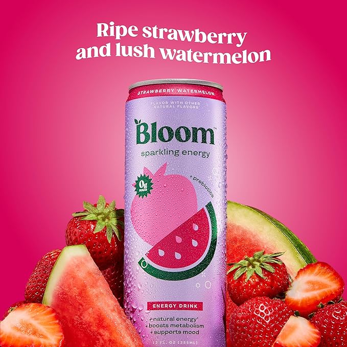 Bloom Nutrition Sparkling Energy Drink - Natural Caffeine, Zero Sugar, 180mg Caffeine - Antioxidant-Rich with Green Coffee Bean, Green Tea Extract, Prebiotics - Strawberry Watermelon - 12oz 12 Pack