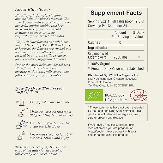 Wild Bliss Organic Elderflower Herbal Tea - Caffeine Free Elder Flowers Tisane - Pharmacopoeia Potency - 20 Plant Based Tea Bags