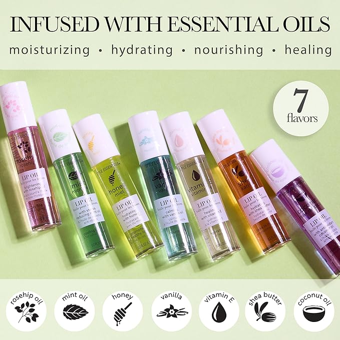 EXPRESSIONS 7pc Lip Oil Collection with Essential Oils - Hydrating Roll On Lip Oils Infused w/Natural Healing Essential Oils - Rollerball Lip Oils, Vitamin Enriched Lip Glow Oil Set