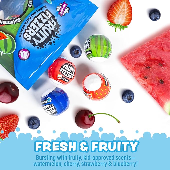 Tub Works® Fruity Fizzers™ Bubbling Bath Bombs for Kids, Variety 12 Pack | Dye-Free & Naturally-Derived | Gentle Kids Bath Bombs for Fizzy, Fruity, Bubbly Fun | Toddler BathBombs with Fruit Extracts