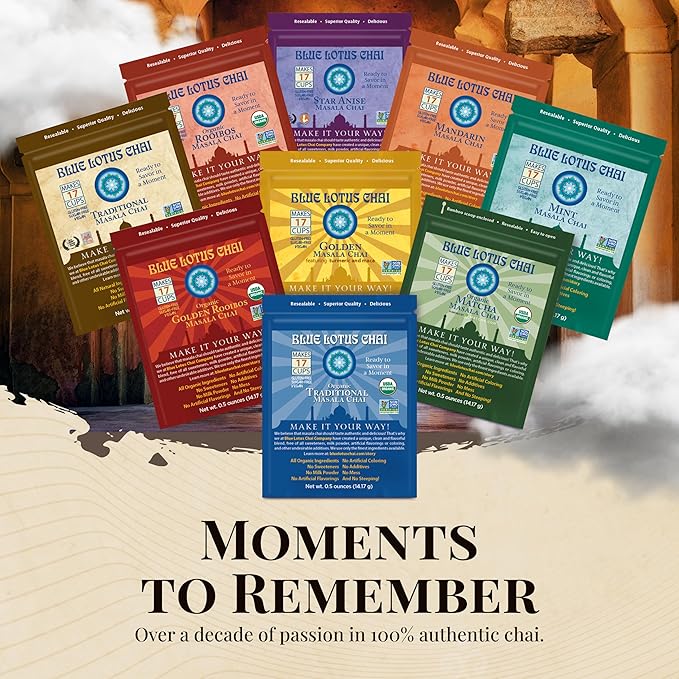 Blue Lotus Chai Tea - Fully Organic Traditional Masala Chai - Makes 17 Cups - 0.5 Ounce Masala Spiced Chai Powder with Organic Spices - Instant Indian Tea No Steeping - No Gluten