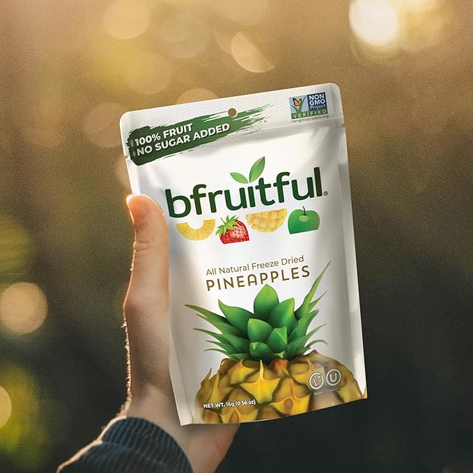 bfruitful Freeze-Dried Pineapple, Freeze Dried Fresh Fruit Bites, Gluten Free, Vegan, Dairy Free, Kosher, No Sugar Added, Non GMO, Healthy Snacks for Kids or Adults, 0.56 oz Single-Serve Snack Packets, 24 Pack