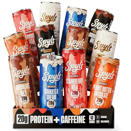 Spylt High Protein Milk - 6 Flavor Variety Pack with 60mg Caffeine & 20g Protein - 90 Calories, Ready to Drink, Sugar Free, Lactose Free Milk, Perfect for Workout Recovery & Afternoon Pick Me Up - 12 Count