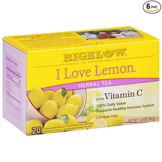 Bigelow Tea I Love Lemon with Vitamin C Herbal Tea, Caffeine Free Tea with Lemon, 20 Count Box (Pack of 6), 120 Total Tea Bags
