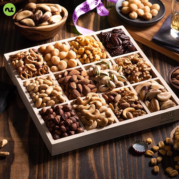 NUT CRAVINGS Gourmet Collection - Thinking of You, Nuts Gift Basket with Thinking of You Ribbon + Greeting Card in Reusable Wooden Tray (12 Assortments) Food Arrangement Healthy Snack Food Assortments