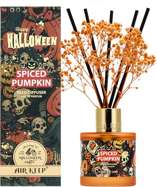 Airkeep Reed Diffuser Set,3.38 fl oz (100 ml) - Spiced Pumpkin Oil Diffusers with 8 Reed Sticks, Home Fragrance Reed Diffuser for Bathroom Shelf Decor