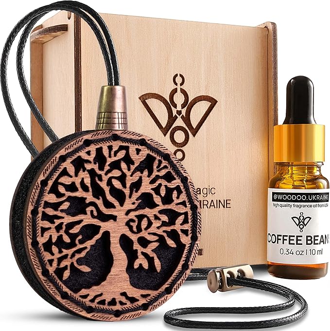 Wood Car Air Freshener — Handmade Car Air Freshener — Tree Of Life Designed Fragrance Oil Diffuser in Wooden Gift Box — Aromatherapy Gift Set with Coffee Beans Fragrance Oil - 10 ml