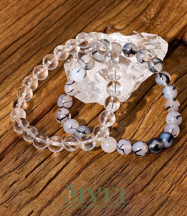 Bivei Natural Gemstone Semi Precious Healing Crystals Handmade Stretchy Round Beads Bracelet, Enhance Positive Energy