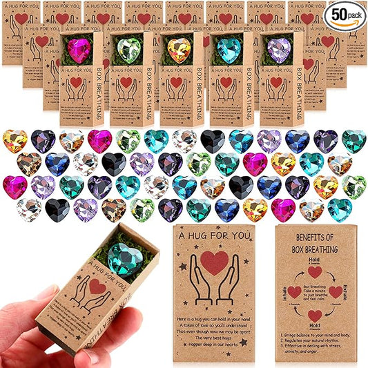 Landical 50 Sets Pocket Hug Token Gifts Small Crystal Heart Stones Bulk with Boxes Mini Heart Shape Natural Stones for Colleagues Family Distance Social Celebration of Life Gifts(Rhinestones)