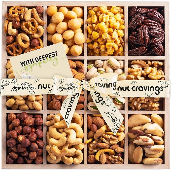 NUT CRAVINGS Gourmet Collection - Sympathy Condolence, Nuts Gift Basket with Sympathy Ribbon + Greeting Card in Reusable Wooden Tray (12 Assortments) Food Platter Healthy Snack Care Package