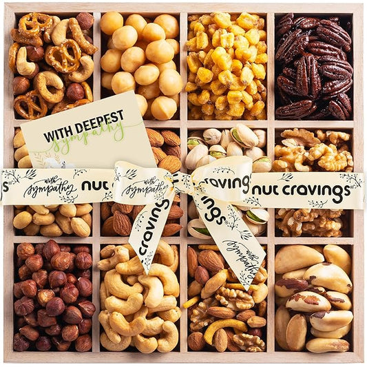 NUT CRAVINGS Gourmet Collection - Sympathy Condolence, Nuts Gift Basket with Sympathy Ribbon + Greeting Card in Reusable Wooden Tray (12 Assortments) Food Platter Healthy Snack Care Package