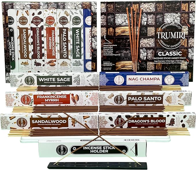 Classic Incense Sticks - Total 120 Insence-Sticks (20 Insense x 6 Inscents) - Inciensos Aromaticos Para La Casa Incents with Nag Champa Sage Palo Santo Frankincense Sandalwood Inscents-Sticks + Holder