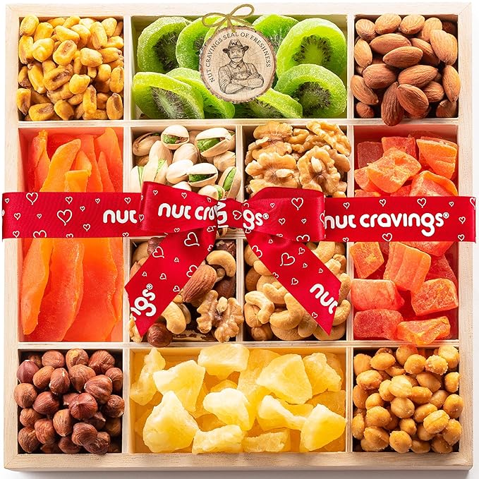 NUT CRAVINGS - Diwali Sweets Hamper Dried Fruit & Mixed Nuts Gift Basket in Reusable Wooden Tray + Ribbon (12 Assortments) Food Arrangement, Healthy Snack Care Package,