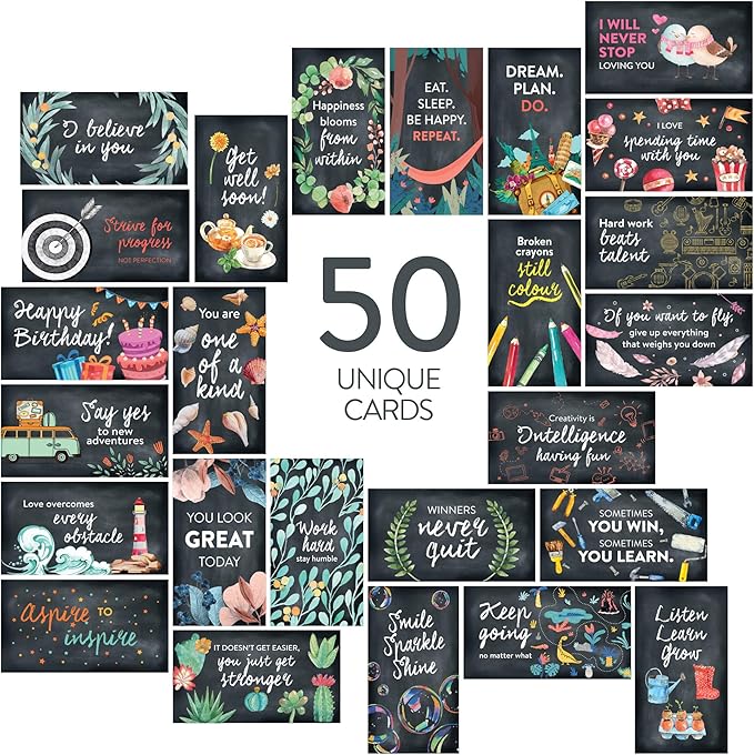 DIVERSEBEE 50 Pack Assorted Inspirational Cards - Motivational Kindness Mini Note Cards, Encouragement Mindfulness Affirmation Card Set with 50 Unique Quotes Business Card Size (Chalkboard)