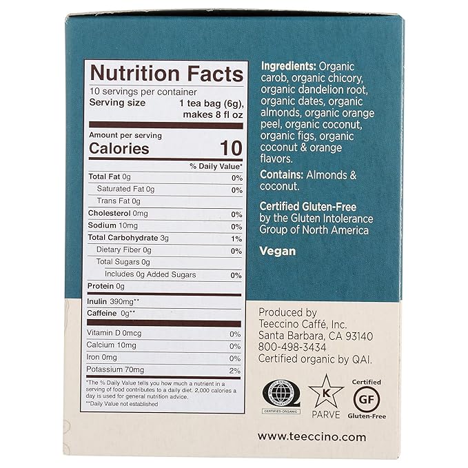 Teeccino Dandelion Root Tea – Coconut – Caffeine Free, Roasted Herbal Tea with Prebiotics, 3x More Herbs than Regular Tea Bags, Gluten Free - 10 Tea Bags