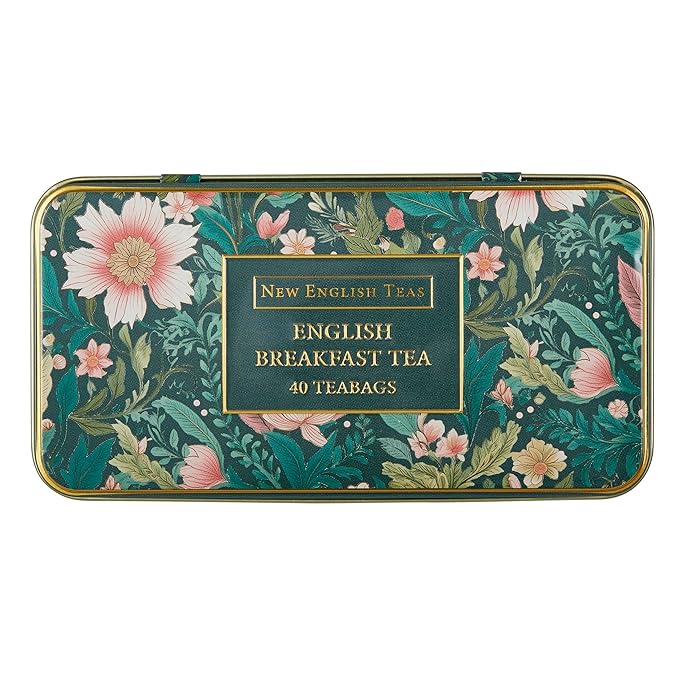 New English Teas Victorian Garden Tea Tin with 40 English Breakfast Teabags, Inspired by Embroidery & Textile Styles
