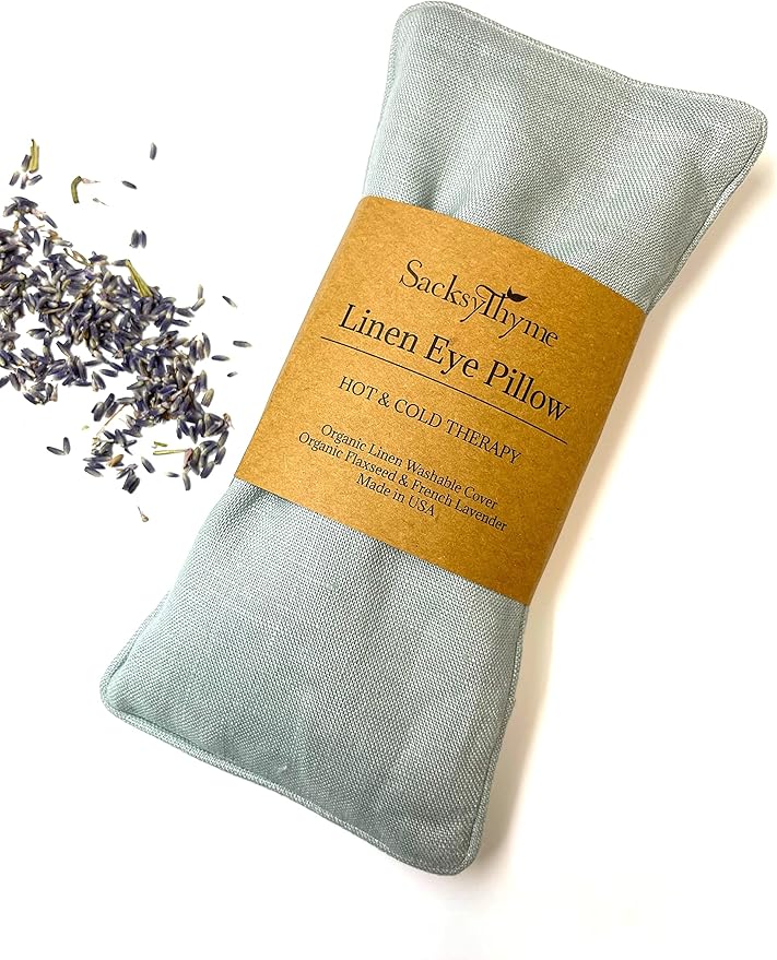 Sacksy Thyme Organic Linen Eye Pillow - Lavender & Flaxseed for Relaxation, Yoga, Stress Relief - Microwavable Heating Pad & Cool Compress - Made in USA - Gifts for Meditation