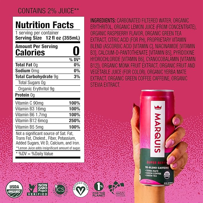 Marquis - Natural Energy Drink - Super Berry - Sugar Free - 0 Calories - 100mg of Organic Plant Based Caffeine - Yerba Mate - Green Tea - Vitamin C & B Vitamins - Vegan - 12 oz Cans - 12 Pack