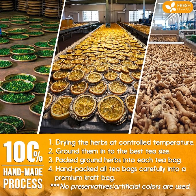 FreshDrinkUS, Premium 35 Tulsi Lemon Ginger Tea Bags, 100% Natural & Pure from Tulsi Holy Basil Leaves, Lemon and Ginger. Made with Natural Material Tea Bags. No Sugar, No Caffeine, Vegan.