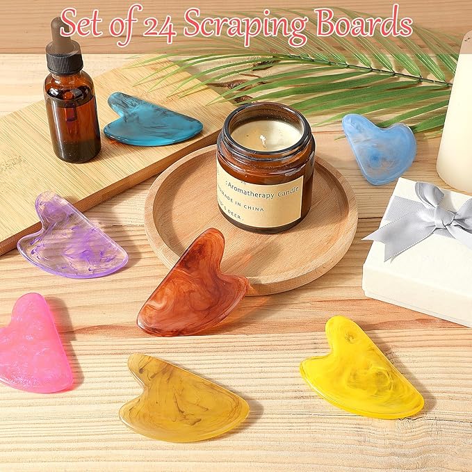Sherr 24 Pcs Gua Sha Facial Tool Resin Gua Sha Massage Tool Heart Shaped Gua Sha Stone Guasha Board for Face Body Skin Massage Spa Acupuncture Prevent Wrinkles (Multi Colors)