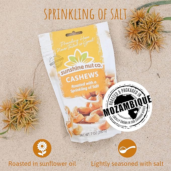 Sunshine Nut Company Whole Roasted Lightly Salted Cashews, Sprinkling of Salt Flavor, 4 Pack, 7 oz. Each, Gluten Free, Peanut Free and Vegan Individual Snack Packs for Kids and Adults, GMO Free